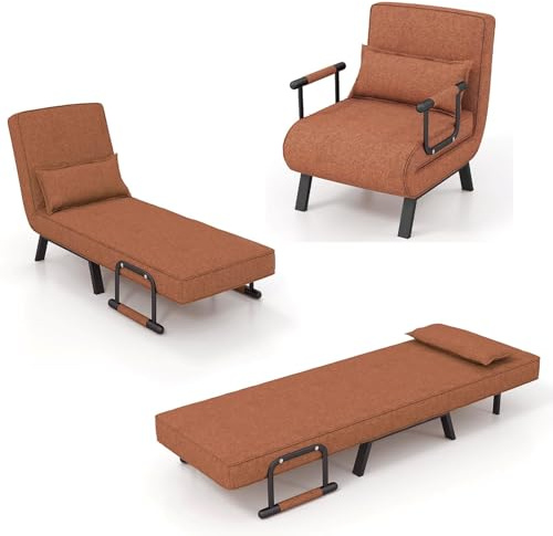 HOMASIS 4 in 1 Poltrona Letto, Divano Letto Pieghevole con Braccioli, Poltrona Salvaspazio con Schienale Regolabile con 6 Angolazioni e Cuscino Removibile, Portata 150 kg (Marrone)