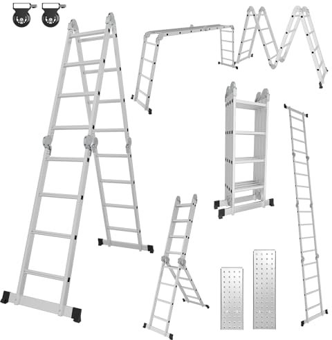 Fiqops Escalera Multiusos 4 x 4, 470 cm, 7 en 1, de Aluminio, Multiusos, Plegable, para el hogar, de Trabajo, Plataforma de Trabajo
