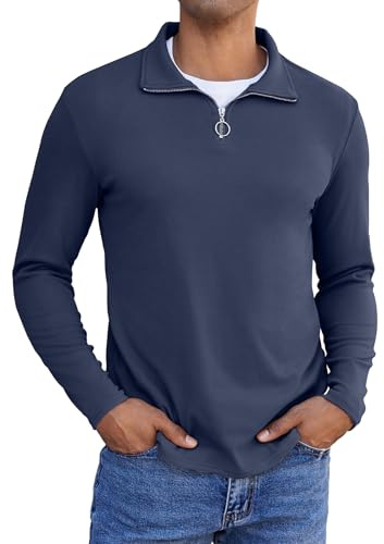 COOFANDY Sweatshirt Herren Ohne Kapuze Winter Longsleeve T Shirt Poloshirt Herren Langarm Half Zip Pullover Langarmshirts Zip Sweater Polo Sweatshirt Sweater Navy Blau M
