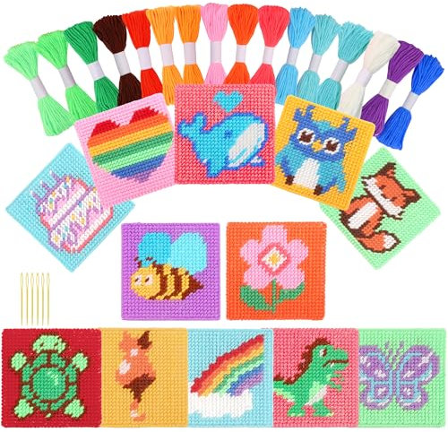 Pllieay Punto Croce Bambini 12-in-1 per Bambini, Kit di Ricamo Include 12 Pezzi di Tela in Plastica Vuota, 16 Fili, 6 Aghi da Ricamo, Kit Punto Croce per Principianti con Istruzion Set Punto Croce