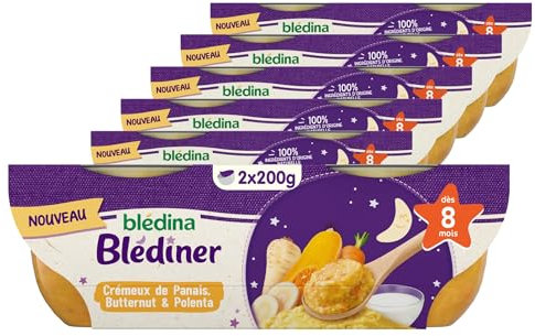 BLÉDINA - Bols - Repas Soir Bébé - Crémeux de Panais, Butternut et Polenta - dès 8 Mois - sans Sel Ajouté - 12 x 200 g