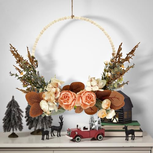 Ghirlanda decorativa per porta, fiori artificiali, peonie, ghirlanda di benvenuto, corona per porta, autunno, in metallo, decorazione primaverile, per Pasqua, matrimonio, soggiorno, matrimonio (F)