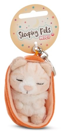 NICI-Llavero Sleeping Pets Gato de 8 cm en cestita, Color Beis, acompañante Fiel para Mochila o Bolso, para niños y Personas Adultas, 61607, Beige