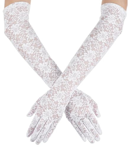 Dentelle Gants Extra Longs pour Femmes Gants Floraux Gants de Mariée Gants de Longueur Coude Gants de Soirée Elégants Formels Gants pour Mariage Thé Halloween Cocktail (Blanc)