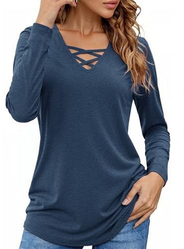 Totatuit Maglietta Donna Maniche Lunghe con Scollo a V Incrociato Top Casual Morbido T-Shirt Donna Primavera Autunno Basic da Tuttii Giorni