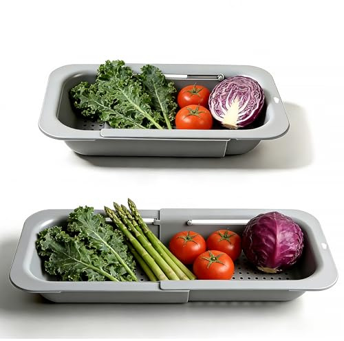 Extendable Colander Strainer Basket, Over the Sink Colander and Strainer for Kitchen, Wash Vegetables and Fruits, Drain Pasta and Dry Dishes, Adjustable Colander from 13.5In to 18.7In, Gray
