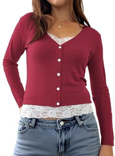 Lace Shirts for Women Paneled Button Long Sleeve Y2k Crop Top Fall Slim Tunic Blouse, Red, L