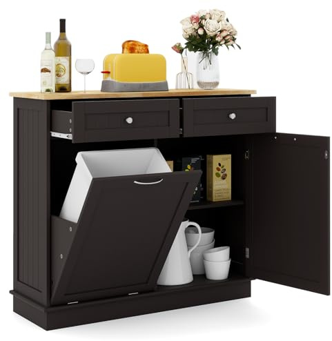 GOPLUS Buffet Cuisine avec 2 Tiroirs Coulissants, 97x33x90CM, Meuble de Cuisine, Étagère Réglable, Plateau Grand pour Salon, Buanderie, Meuble Poubelle Inclinable pour Poubelle 42L (Non Inclus) (Brun)