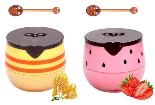 Honey Lip Balm Pot Set - Honey Balm & Strawberry Sleep Lip Mask Set - Organic Lip Care for for Dry, Chapped & Cracked Lips - Moisturising Lip Balm Overnight Repair - Reduce Lip Lines&Wrinkle