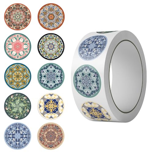 Mandala Roll Stickers,500PCS Round Decorative Scrapbooking Stickers for Journaling Planner Gift Wrapping Envelope Seals Vintage Tile Floral Geometric Circle Decals