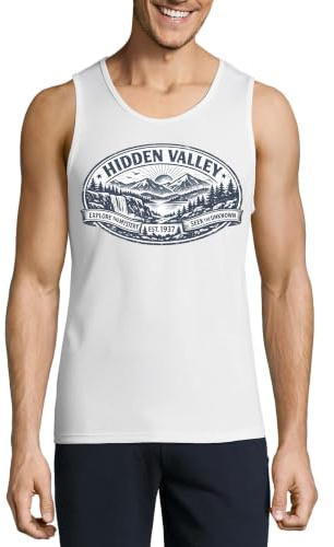 Scenic Mountain Valley med vattenfall utsikt herr bomull linne t-shirt vit