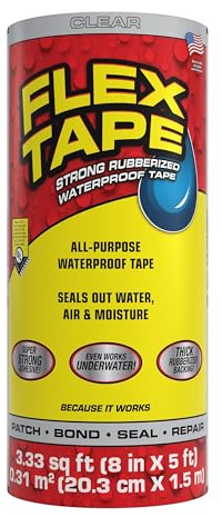 Flex Tape, Original Thick Flexible Rubberized Waterproof Tape - Seal and Patch Leaks, Works Underwater, Indoor Outdoor - Home RV Roof Plumbing and Pool Repairs, Clear, 8 in x 5 ft, Pack of 1