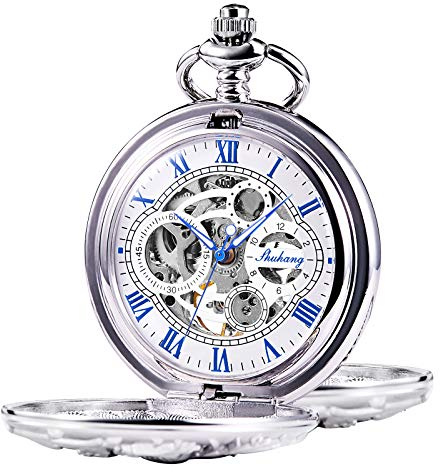 Treewo Reloj de Bolsillo Unisex con Cadena y Elevador de Mano analógico con Doble bisagra y Esqueleto de Bronce, 6. Plateado, 6. Plateado