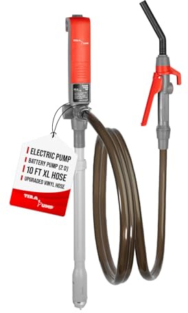 TERA PUMP Fuel Transfer Pump w/Flow Control Nozzle & Telescopic Tube - 3X Powerful D Battery Powered, 10FT XL Long Vinyl Discharge Hose, Multipurpose Portable Battery Pump For Gas, Diesel (2.3 GPM)