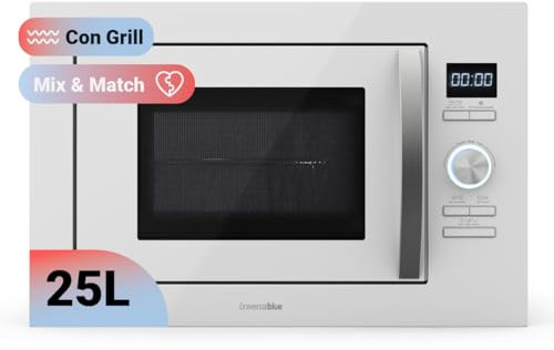 UNIVERSALBLUE Microondas 25 Litros Cristal Blanco Encastrable | Microondas de Encastre con Grill 1000W | Integrable 5 Niveles Funcionamiento | Temporizador | Bloqueo Infantil | Control Digital