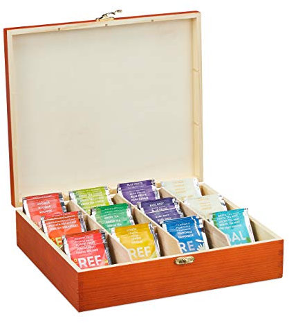 Relaxdays Teebox, 12 Fächer, Holz, Organizer Teebeutel, Teekiste Aromaschutz, Teekasten HxBxT 7,5 x29 x 26 cm, rostrot