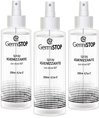 GERMISTOP Igienizzante Mani 3x200ml con Alcool 80% e Glicerina, Spray Igienizzante Superfici con Formula Potenziata