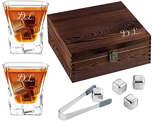 Maverton Whisky Stones & 2 Engraved Glasses Gift Set - 250ml Whisky Glasses in Personalised Wooden Box - Birthday Gift for Men - Gift idea for him Initials