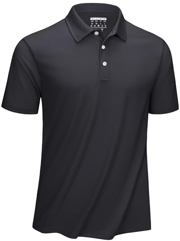 KEFITEVD Pikétröjor för män andas snabbtorkande polyester sommar golf ledig arbetströja med knapp, Svart, L
