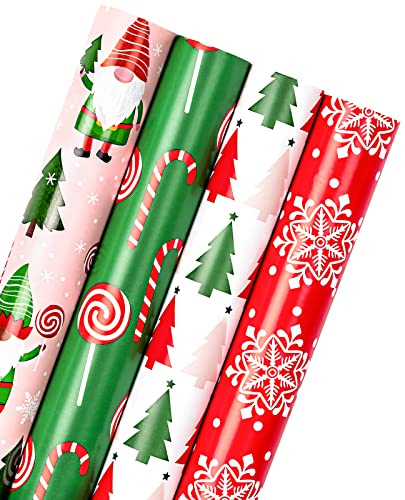 RUSPEPA Navidad Rollo De Papel De Regalo - Colección Navideña De Duendes Gnomos Rojos, Verdes Y Rosas - 4 Rollos - 76 cm X 305 cm Por Rollo