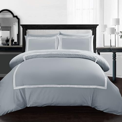 AR Ware Grey King Size Duvet Cover Set - Soft Luxury Bratta Stitch Embroidered Microfiber Duvet Sets with 2 Pillowcases - Non Iron Bedding Hotel Quality Quilt Cover
