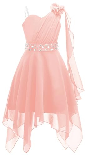 YiZYiF Enfant Fille Robe Princesse Soirée Mariage Cérémonie Strass Une Epaule à Fleur Mousseline Robe Demoiselle d'honneur Bal Fête 5-16 Ans
