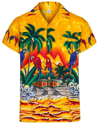 Chemise hawaienne homme à manches courtes avec boutons - Chemise homme tropicales pour hommes avec perroquets et palmiers - Chemise hawaïenne d'été pour hommes pour enterrement de vie de garçon.