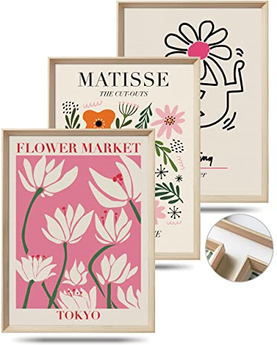 UPWOIGH Framed Wall Art, Abstract Henri Matisse Canvas, 30x40cm Pink Beige Flower Market Wood Decor Prints Artworks, Minimalist for Living Room Bedroom, Set of 3, 16x12in