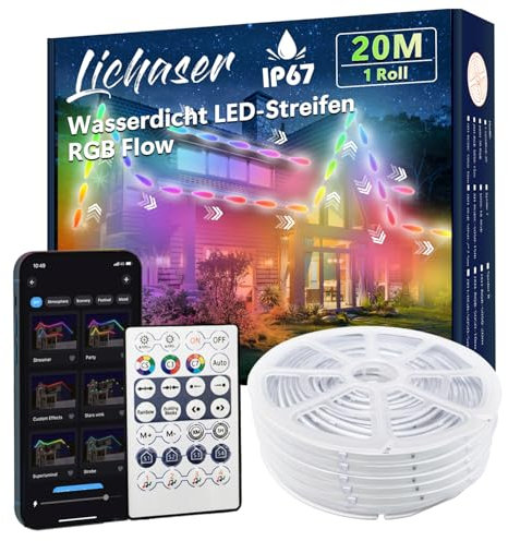 Lichaser 20m RGB+IC Ruban LED Exterieur Etanche DIY, Suivi, Segmentation de Bandes LED avec Application BT et Télécommande RF pour une Utilisation en Extérieur