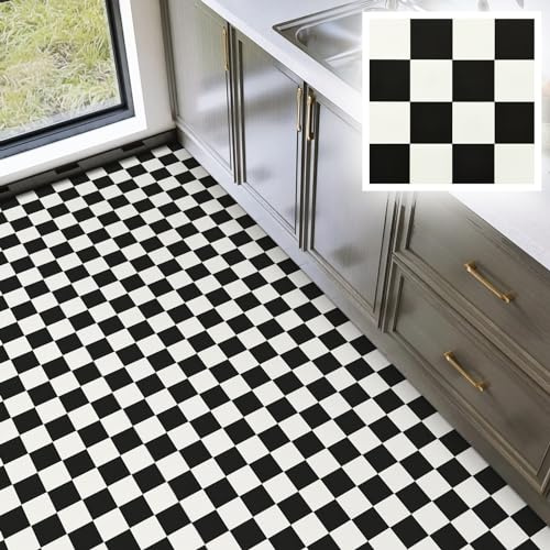 Floor Tiles Self Adhesive, Vinyl Flooring Peel and Stick Floor Tiles | Waterproof Black and White Checkered Effect for Bathroom Kitchen Bedroom,30x30cm（12 X 12 inches）40pcs（3.6㎡）