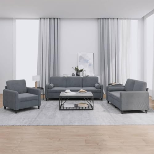 Gecheer 3-TLG. Sofagarnitur mit Kissen Schlafsofa Couch Polstersofa Sofa Couchgarnitur Loungesofa Couchsofa Gästesofa Polstergarnitur Sofa Set Wohnzimmersofa Sitzmöbel Dunkelgrau Samt