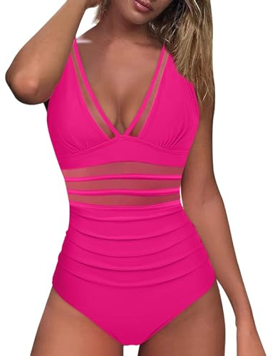 SYDUZAX One Piece Swimsuit for Women with Mesh Push Up Padded Tummy Control Bathing Suit - Ruched Monokini Sports Swimming Beachwear Ladies Costume