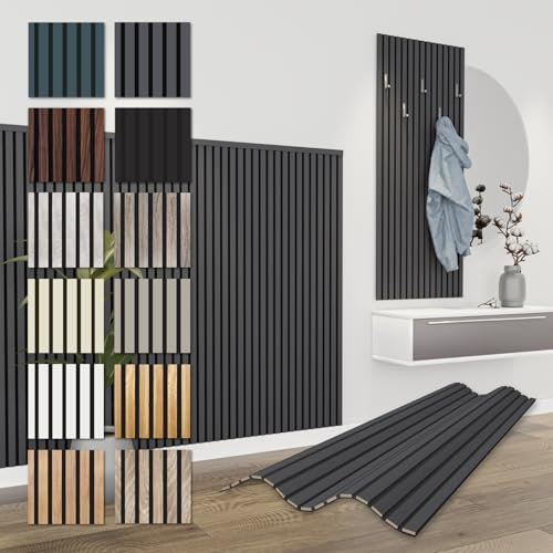 HEXIM Akustikpaneele 138,5x60cm - flexible Lamellenwand Holz MDF Wandpaneele Lamellenverkleidung Wandverkleidung Innendekoration schalldämmend (12 Paneele / 9,96 m² Black Lead - APH05)