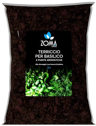 ZOMA Terriccio per Basilico e Piante Aromatiche - Ideale per Vasi, Evita Ristagni Idrici - Terriccio piante aromatiche con Humus di Lombrico, privo di Fertilizzanti Chimici - 6 Litri