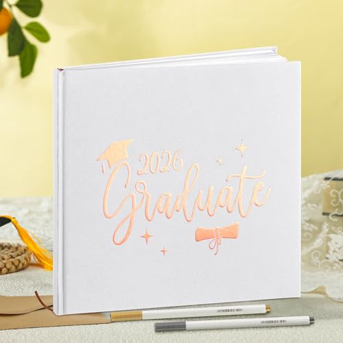 Humyoun 2026 Graduation Guest Book 8.7'' x 8.7 with 2 Markers Graduate Scrapbook Class of 2026 Picture Book Hardcover Rose Gold Foiled Photo Album for Graduation Party Supply Graduate Gifts 144 Pages