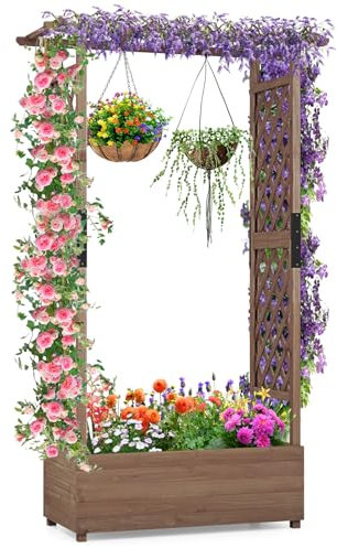 COSTWAY Aiuola Rialzata con Traliccio, Pergolato e Fori di Drenaggio, Fioriera Elevata da Esterno in Legno per Piante Rampicanti, Vite e Fiore,110 x 44 x 182 cm (Marrone)