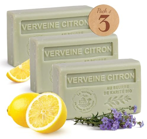 Savon Solide parfum Citron Verveine -Enrichi en Beurre de Karité Bio -Savon Parfumé - 100% Végétale- Fabriqué en Provence - Main & Corps Hydratant -3x125g