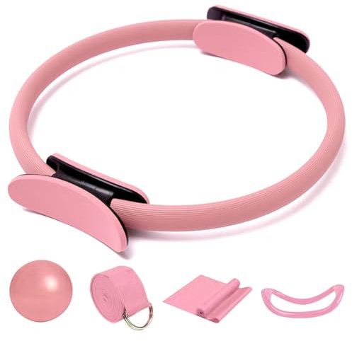 PLLYPE Pilates Ring Set, 5 Stück Pilates Essentials Kit Für Frauen, mit Pilates Ring, Yoga Ball, Yoga-Ring, Yoga Gurt und Fitnessbänder, für Beine Arme und Oberschenkel Gewichtsverlust (Rosa)