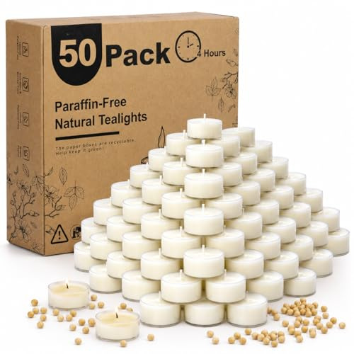 50 velas de té naturales inodoras hechas de cera de soja 100%, 4 horas de combustión, sin parafina, no tóxicas, veganas, en taza transparente