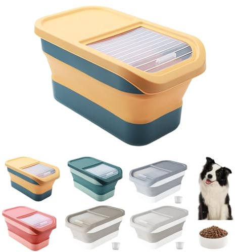 Almacenamiento de comida para perros, 12-15 kg, hermético, con tapa abatible, ruedas, caja de comida plegable para perros y gatos, contenedor de comida para perros con vaso medidor de hasta 30 libras