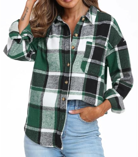 Womens Plaid Shirt Ladies Long Sleeve Button Down Jackets Classic Flannel Checked Shirts Tunic Basic Loose Business Casual Check Blouse Top with Pocket Lapel Lightweight Autumn Jacket Green