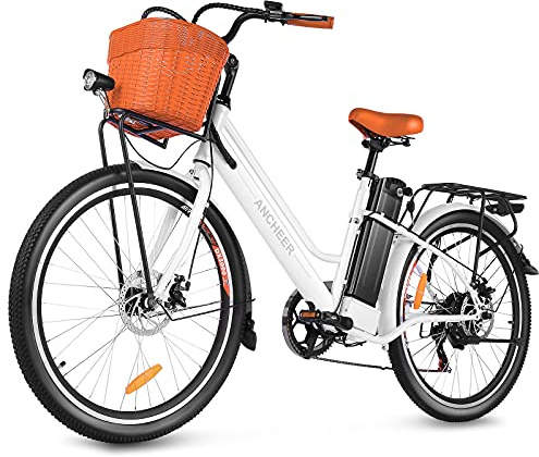 ANCHEER Electric Bike for Adults, 26'' Peak 750W Motor Low Frame Electric City Bike with 48V/374Wh Battery, Up to 50Miles Step Through Commuter Ebike/Electric Bicycle with Basket, LCD Display