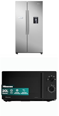 Bundle of Hisense RS741N4WCE Freestanding American Side by side Fridge Freezer 578 litre, Silver, 90.8 × 179.3 × 74.3 cm (W×H×D) + Hisense 700 Watts 20 Litre Inverter Microwave Oven H20MOBP1HIUK Black
