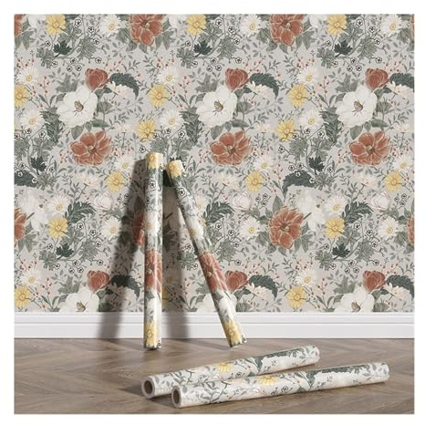 OPIGJUFD Träpanelstapet grå blomtapet för att dra av och klistra fast, chic vintage-tapet, självhäftande, PVC, heminredning, vattentät, blomster-köksinredning (44 cm x 150 cm)