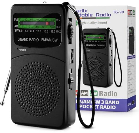 Joudix Radio a Pilas Portátil Pequeña FM/Am Transistor Kit de Emergencia Señal Súper Entrada Auriculares Linterna Escuche Noticias Entretenimiento Personas Mayores Apto para Cocinas Baños Viajes