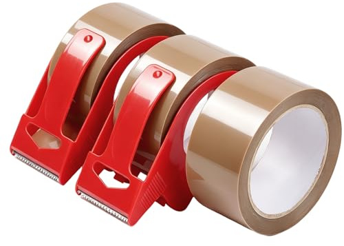 Pack 3 Rolls No Bubble Brown Heavy Duty Packing Tape with 2 Dispensers, Strong Adhesive Secure Sealing Tape for Moving Boxes & Parcels, 48mic x 48mm x 66m