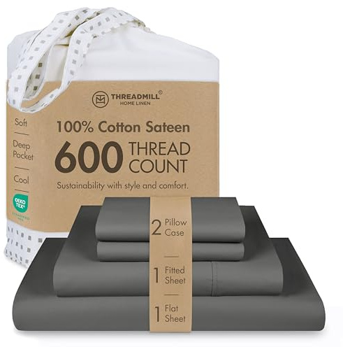 Threadmill 600 Thread Count Cotton Queen Sheet Set, Sateen, Dark Grey