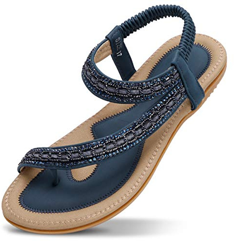 ZOEREA Sandales Plates Femme Mode Été Bohème Strass Fleurs Cuir PU Tongs Peep Toe Confortables Femmes Chaussures pour Plage Vacances Style 3 Bleu,43 EU