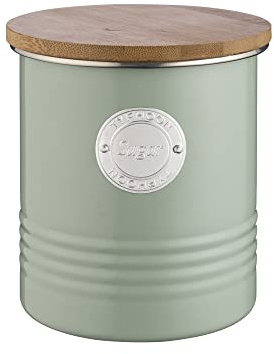 Typhoon LIVING Colección Azucarero con Tapa | Verde Pastel | 1 L Caja de Almacenamiento Cocina para Azúcar | Contenedor de Azúcar de Acero | Tarro de Almacenamiento Hermético de Bambú