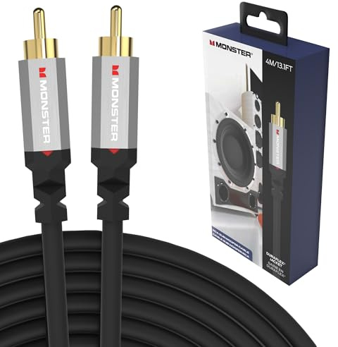 Monster Coaxial Audio Cable, Male to Male, 2-Pin, Braided Duraflex Jacket, Black, for TV, DVD Player, Projector, Gaming Consoles